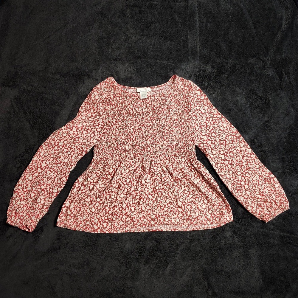 Urban Romantics Red Floral Smocked Peplum Blouse Long Sleeve Rayon Top Size M
